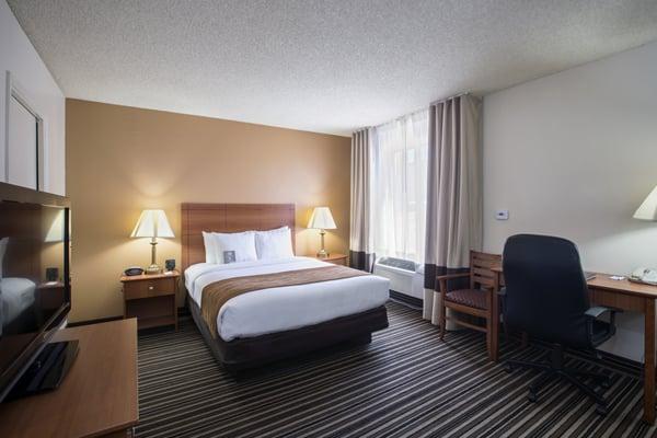 Standard king, accessible, adjoining and pet friendly rooms are offered.  Refrigerator & Microwaves are in every room.