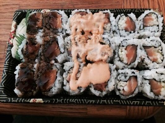 Sweet potato rolls, spicy crunchy tuna roll and salmon with cucumber. Very delicious and fresh.