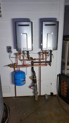 Completed installation of 2 new tankless water heaters for an 8 bathroom home. Call us today for a free estimate!