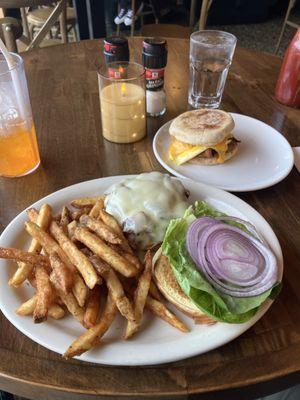 Mushroom Swiss Burger with fries and Bacon Breakfast Sandwich!