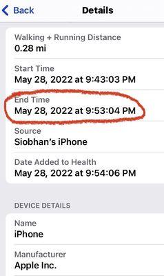 The time I arrived as recorded on my iPhone's health app.