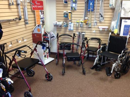 Chairs, walkers, and part of the showroom.