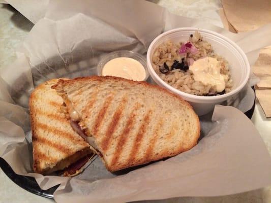 Chicken club panini with black beans and rice