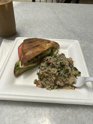 Caprese ciabatta sandwich (1/2) and quinoa tabouli.