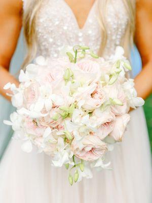 Bridal bouquet, garden roses, dendrobium orchids,