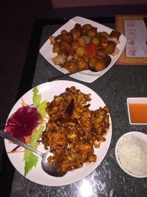 Crispy Golden chicken with shredded Ginger and spicy sauce.  And sweet and sour pork