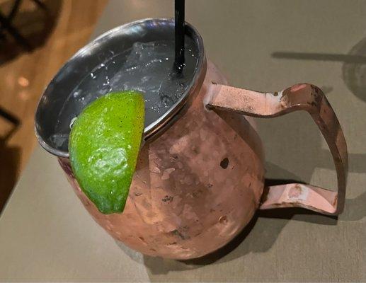 Moscow mule, not too sweet but very flavorful, and the mule kicks watch out! Lol