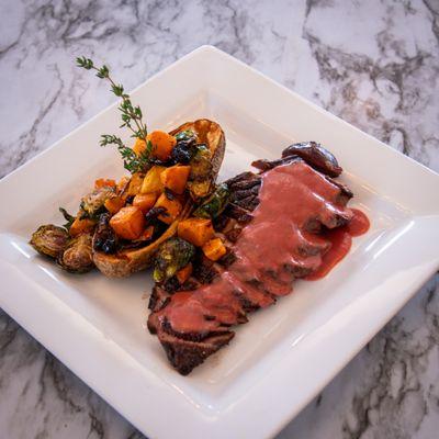 SLOW ROASTED HUDSON VALLEY DUCK BREAST
Vegetable medley potato with dried cranberries & spiced plum sauce (GF)