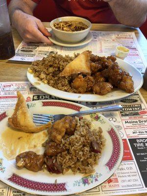 General tao's chicken, fried rice, crab ragoons, and hot and sour soup