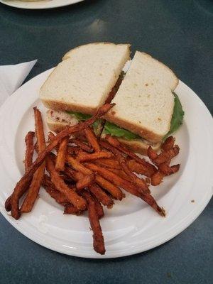 Tuna sandwich on sourdough, sweet potato fries - $7.50