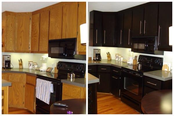 Plain oak cabinets modernized, refinished expresso added, tubular handles