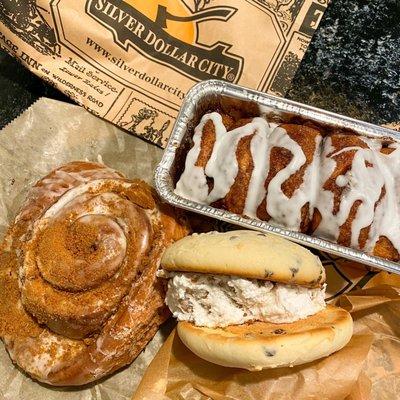 Gingerbread cinnamon roll, chocolate chip whoopie pie, cinnamon bread