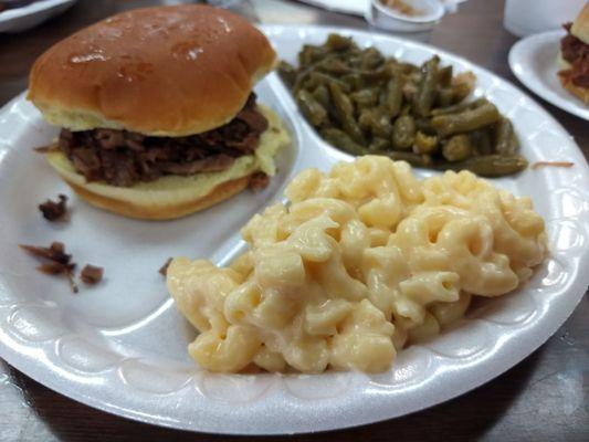 Brisket sandwich with Mac and green beans.