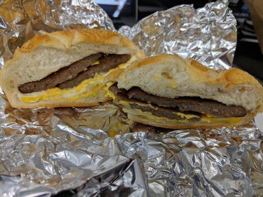 Sausage, egg, and cheese sandwich (with a small bite taken out because I was hungry before picture taking)