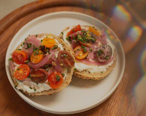 Veggie Bagel on Boil and Bake Bagel (everything or plain) with cream cheese and fixings