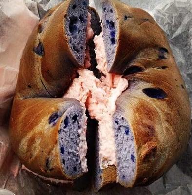 Blueberry bagel with strawberry cream cheese.... This is heavenly !!!!