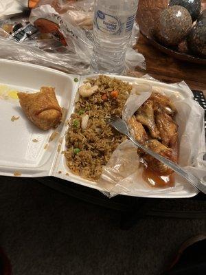 Shrimp fried rice, shrimp rolls, braised chicken wings