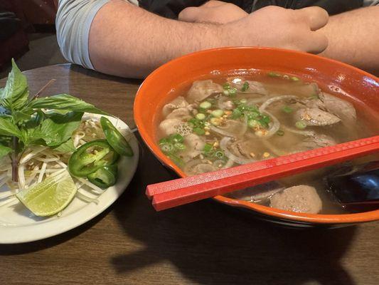 Pho with meatballs, tripe, & brisket.