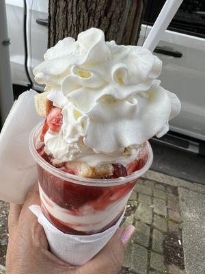 Strawberry shortcake layers of vanilla soft serve, fresh pound cake, strawberry sauce topped with whipped cream