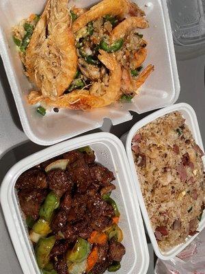 Pepper beef, combination fried rice, salt & pepper shrimp