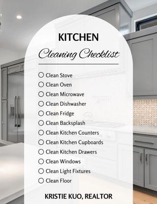 Kitchen cleaning list! Don't forget to clean the garbage disposal too!