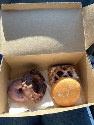 Blueberry Cake Donut, Chocolate Old Fashioned, Glazed Strawberry Filled, Blueberry Lace