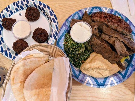 Falafel, warm pita and a gyro/kafta combination platter