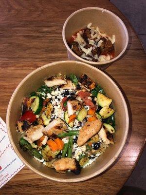 Cilantro and avocado bowl with chicken and the side is the eggplant meatball