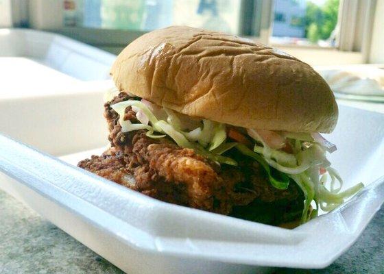 Fried chicken sandwich with Asian slaw and spicy mayo