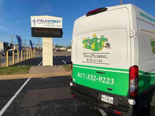 One of the Tioga Plumbing & Electric vans at FieldStreet Baptist Church in Cleburne Texas.