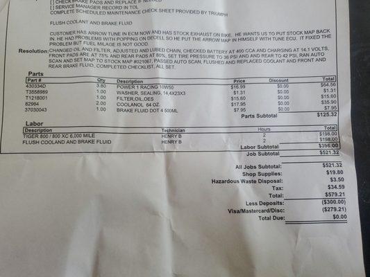 Pricing for very basic work. Forgot to add coolant to the reserve. Reserve tank is completely empty.