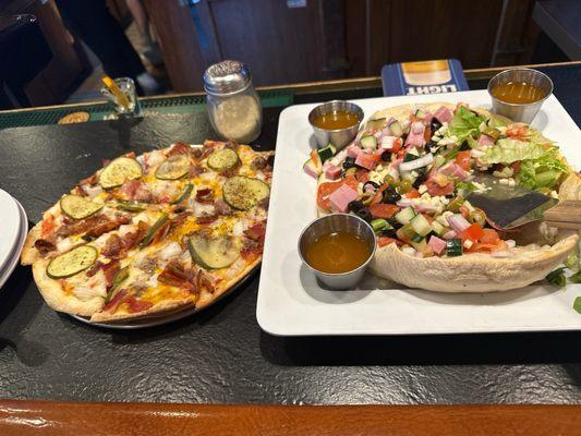 Cheeseburger pizza and the garbage salad