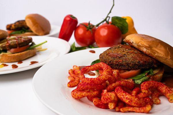 Vegan burger with chips