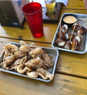 Pretzel bits and pork skins, yummy!!