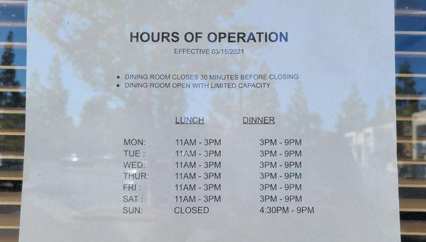 Business hours as of 10/10/21