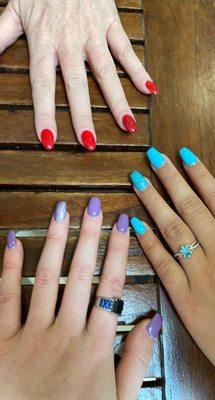 Acrylic Sets. Red set is almond shaped. Purple and blue are coffin shaped.