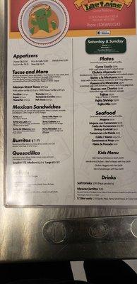 Menu for restaurant