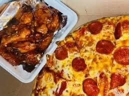 Pepperoni pizza with a 15 pc wings 1/2 spicy bbq 1/2 honey bbq