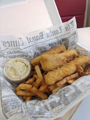 Fish and chips with green chile tartar sauce.