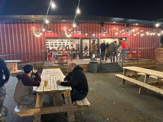 Great patio with heaters and corn hole games.