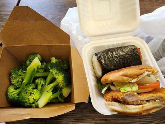 Chicken katsu sandwich, spam musubi & steamed broccoli