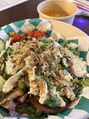 Green goddess grilled chicken salad and cup of tomato bisque