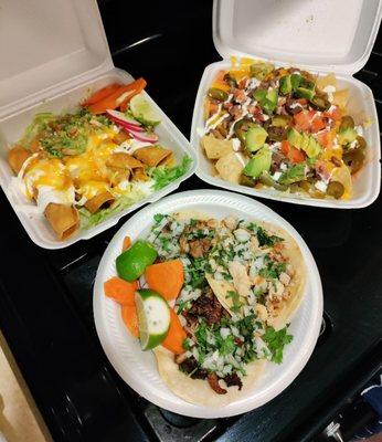 Taquitos, lengua nachos, tacos