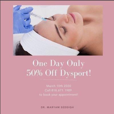 For one day only get 50% off your Dysport treatment!  Spots are very limited ⁣