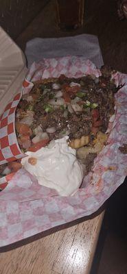 Ground beef fries from the taco stand outside