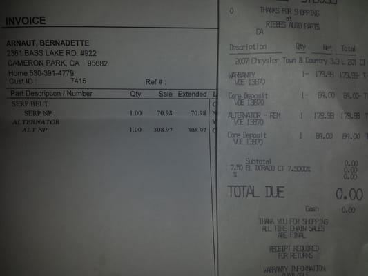 Ponderosa charged me $308.97 we did a swap for the exact alternator at Napa $179.99