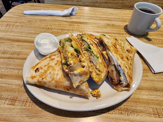 Breakfast quesadilla looked massive but was not heavy and greasy, ate the whole thing and was set for a busy day at Skydive Chicago.