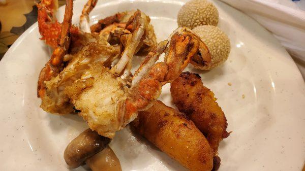 Fried crab, sauteed mushroom, fried caramelized banana, and sesame balls.