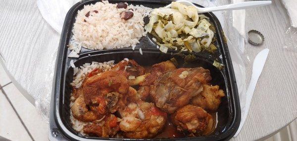 Brown Chicken Stew, braised cabbage w/ seasoning, rice with beans.  Loved this combo.  Plenty of sauce for the rice.