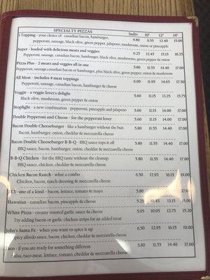 The pizza shop's menu